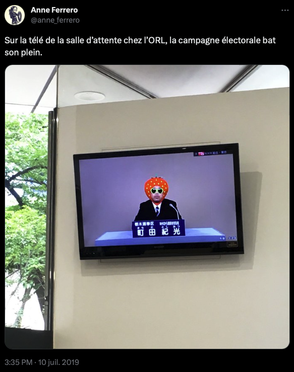 Tweet avec photo montrant un candidata avec une cagoule en forme de fraise sur la NHK