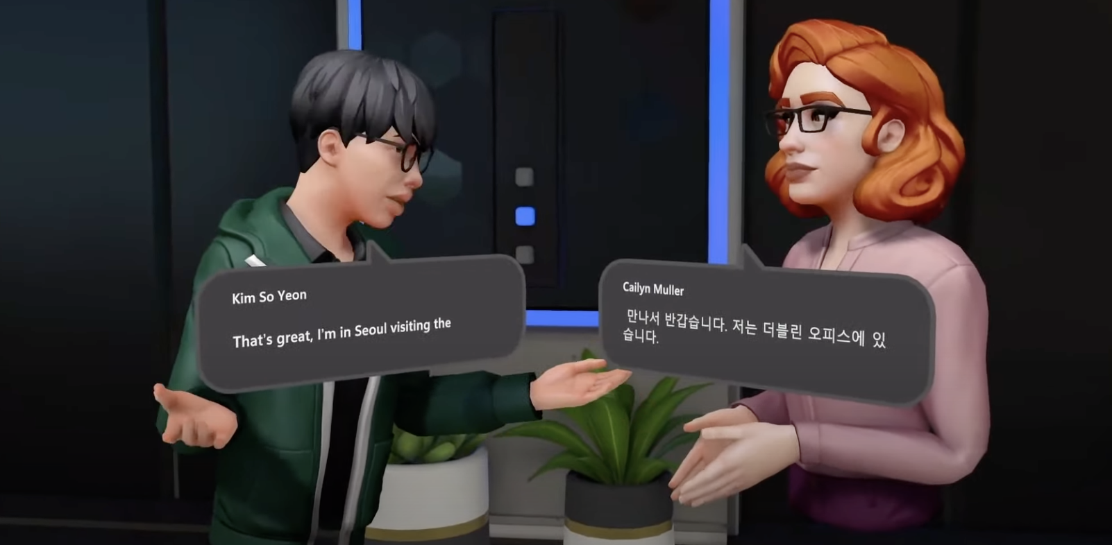 Deux avatars utilisant la traduction simultanée dans Mesh