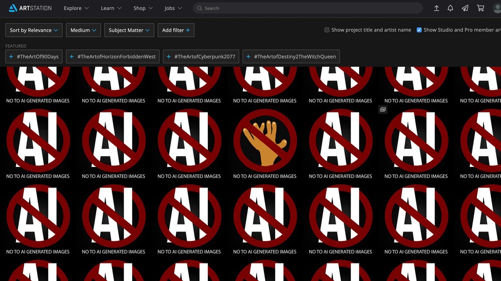 Frontpage d'ArtStation couverte de post anti-IA