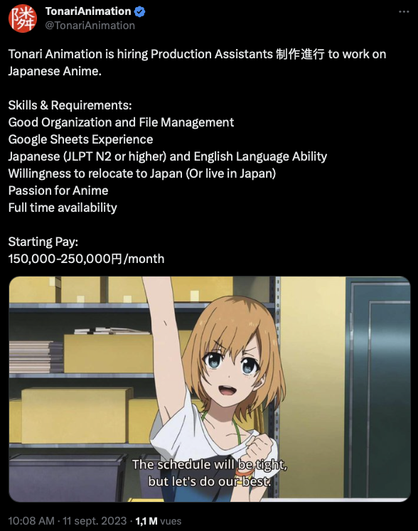 Tweet de TonariAnimation pour des postes temps plein a Tokyo a partir de 150 000 yens/mois